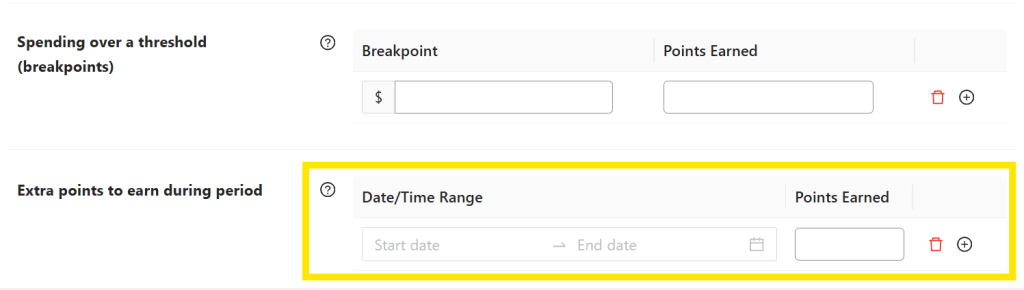 WooCommerce Loyalty Program setting showing how to award extra points during a set time range