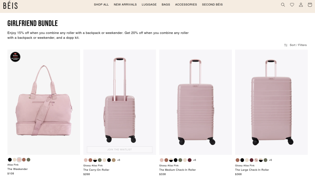 BÉIS Girlfriend Bundle example showing discounted travel sets with rollers and weekend bags