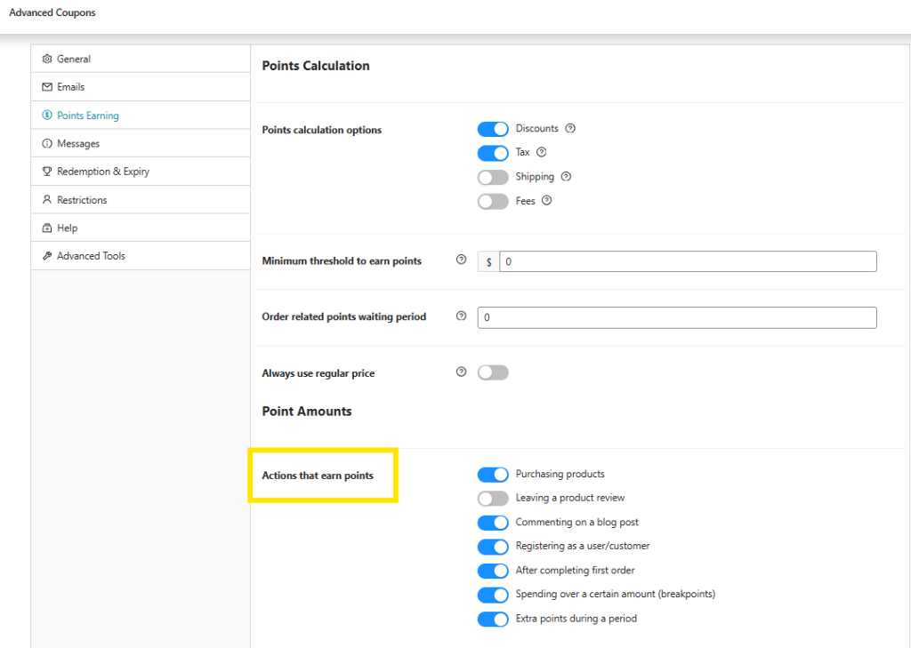 Loyalty program settings page with options to enable actions that earn points, including purchasing products and registering as a user.