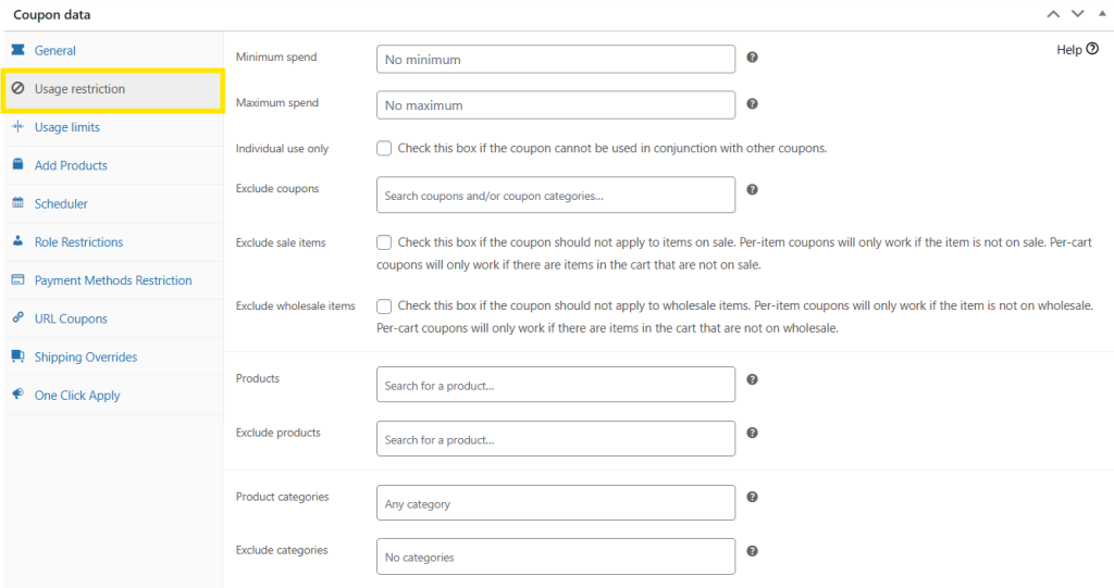 WooCommerce coupon restriction settings interface, showing options to set minimum and maximum spend, exclude sale items, and restrict coupons by product or category