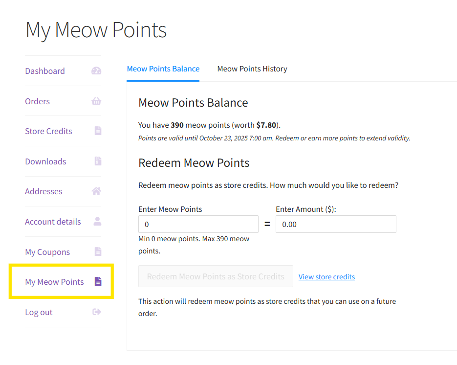 WooCommerce Loyalty Program account dashboard showing a points balance, redemption options, and points expiration details