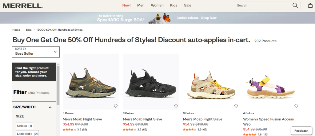 Merrel landing page displaying a "Buy One Get One 50% Off" offer featuring shoes and filters for easy navigation