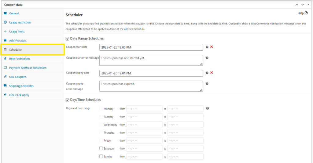 Advanced Coupons scheduler feature, showing fields to set start and expiry dates for coupon validity.