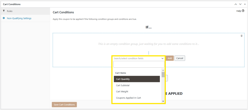 Advanced Coupons’ cart conditions feature, highlighting options like cart quantity, cart subtotal, and more