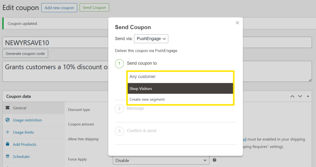 The "Send Coupon" interface highlighting customer segment options. 