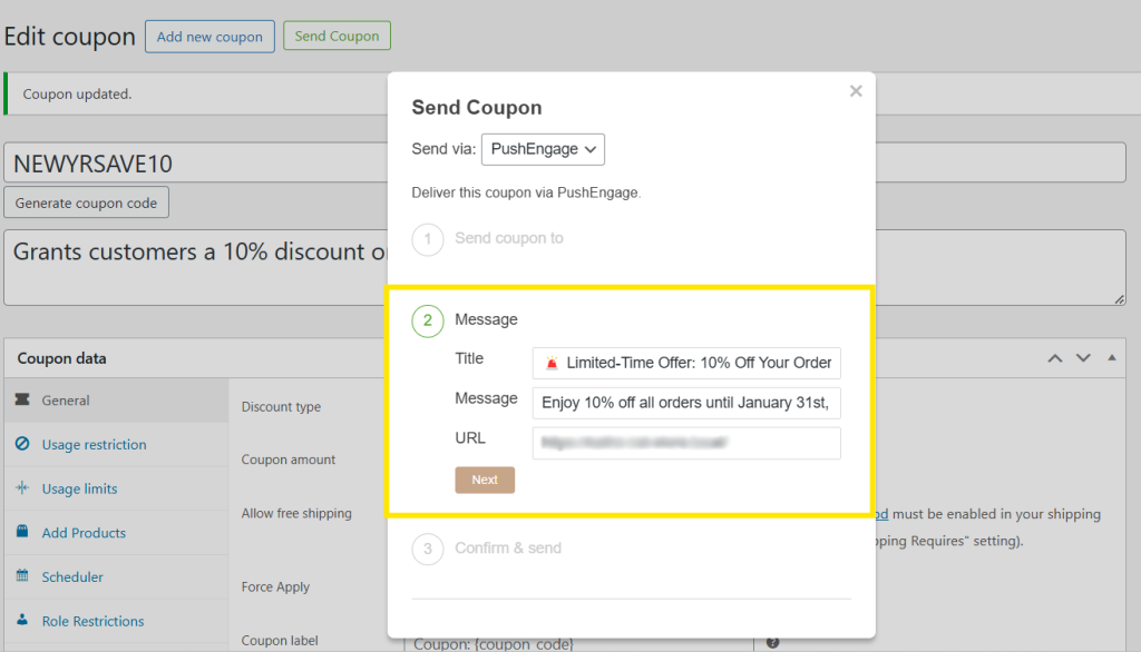 The "Send Coupon" interface showing the message customization options in PushEngage.