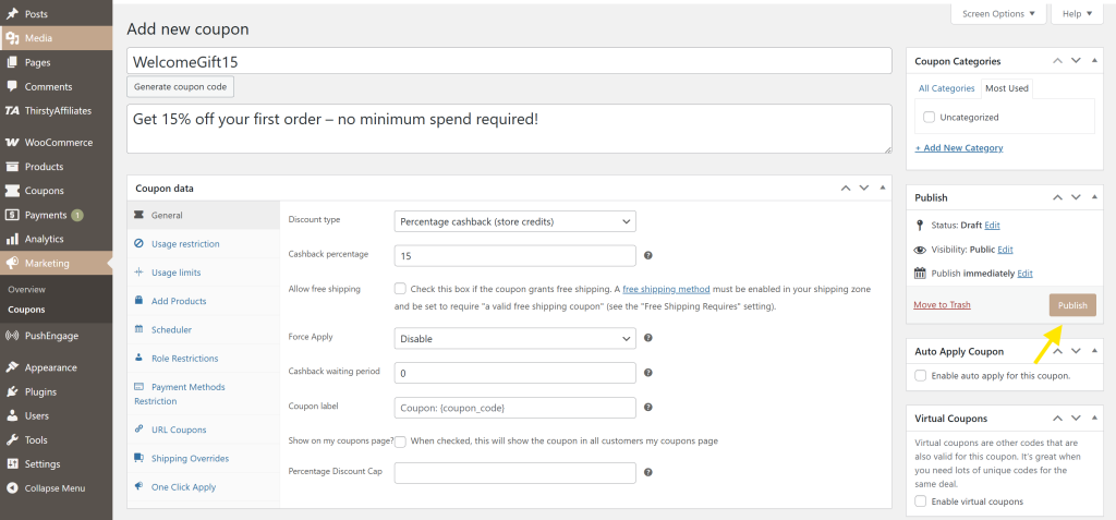 creating-publishing-woo-coupons - Advanced Coupons WooCommerce coupon creation screen showing a 15% discount setup using the Advanced Coupons plugin