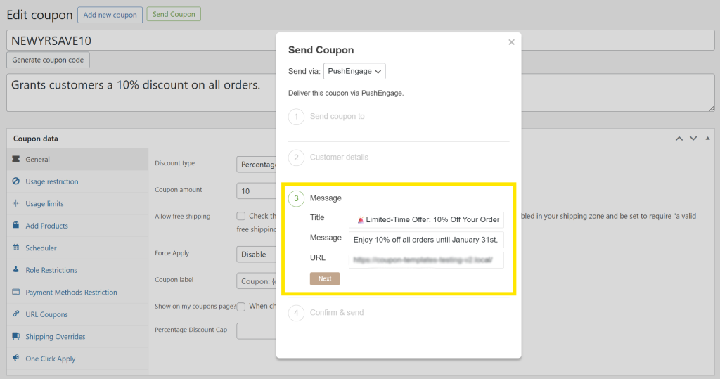 customizing-notification-message - Advanced Coupons PushEngage message editor with fields for title, message, and URL for sending a coupon notification