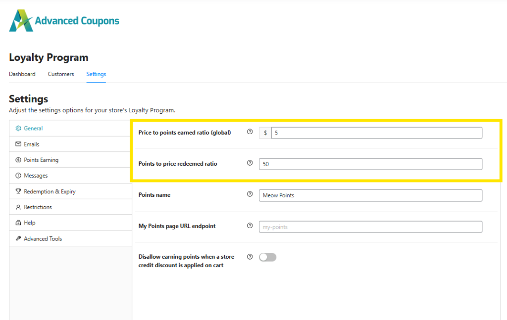 Loyalty program settings page in Advanced Coupons, showing options to adjust the points-to-price ratio