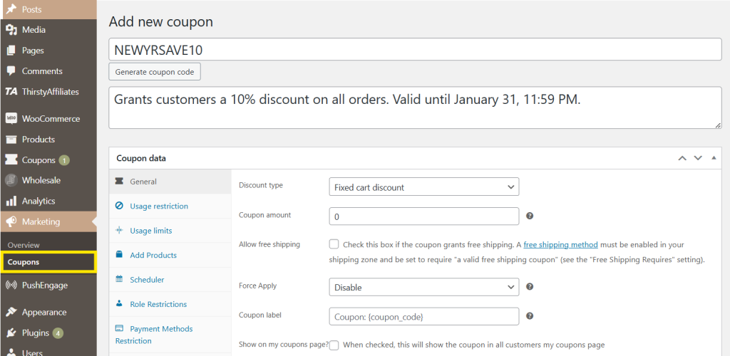 Coupon creation interface in Advanced Coupons with the name and description fields highlighted.