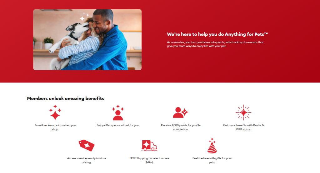 PetSmart's loyalty program landing page with red branding, showcasing customer benefits like points rewards, free shipping, and gifts