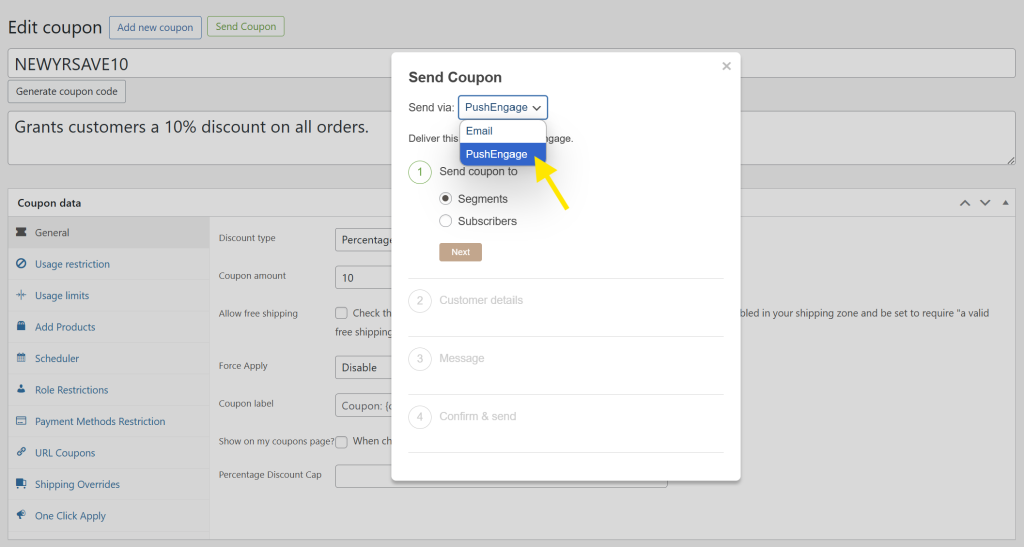 Choosing PushEngage as the delivery method for push notifications in WooCommerce