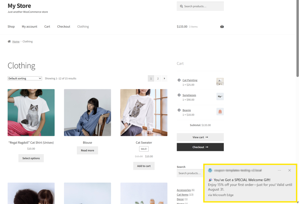 Live example of a push notification with a welcome coupon offer displayed on a browser