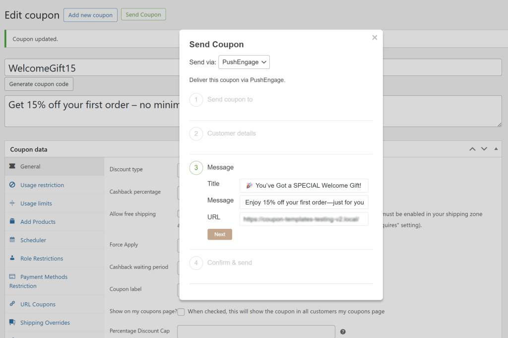 PushEngage message editor with title, message, and URL input fields for coupon notification