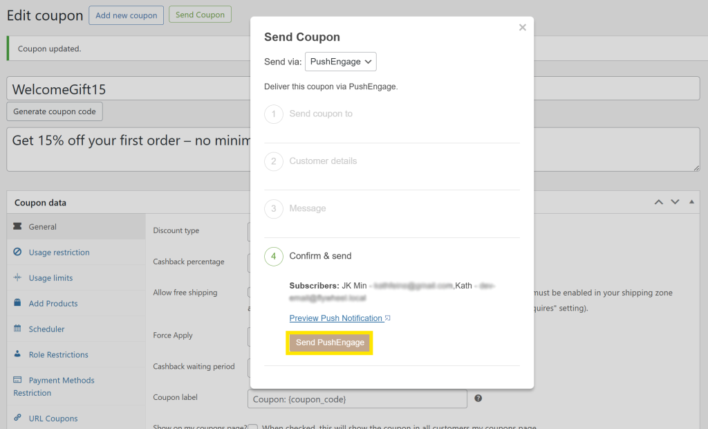 Confirmation screen showing selected subscribers and Send PushEngage button