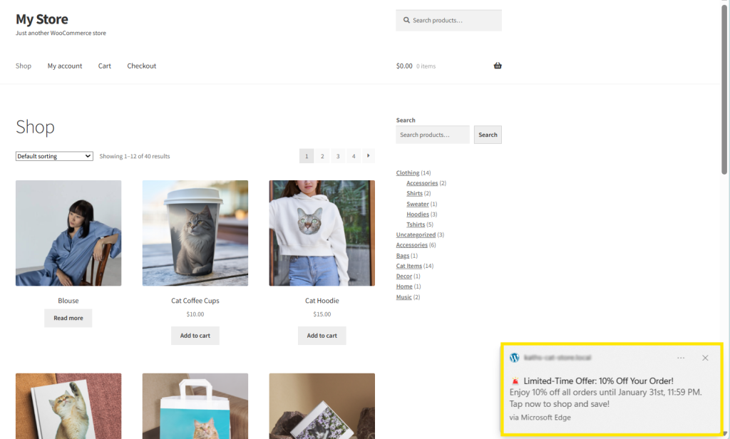 WooCommerce store with a push notification offering a limited-time 10% discount