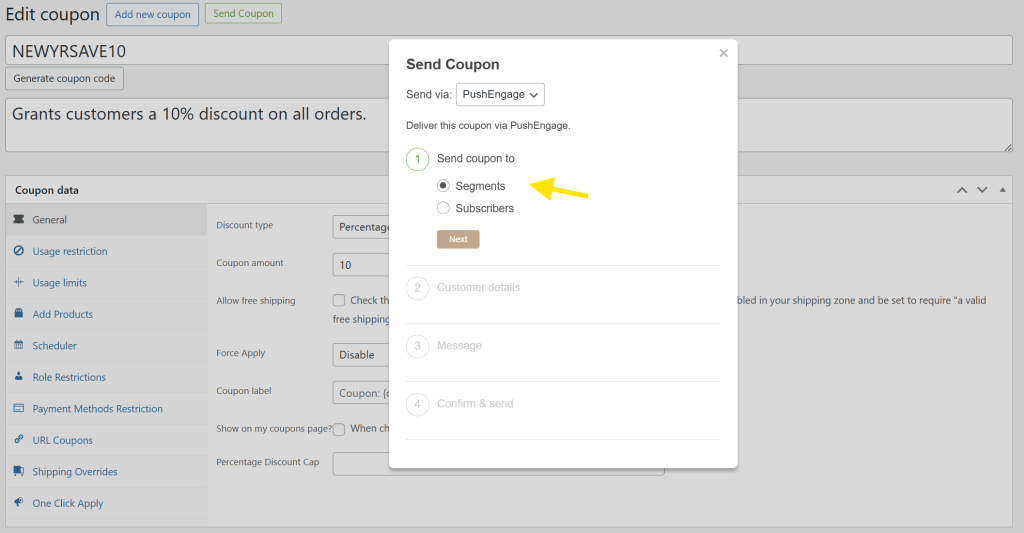 send-coupon-to-option - Advanced Coupons WooCommerce Send Coupon popup showing PushEngage selected and Segments option chosen