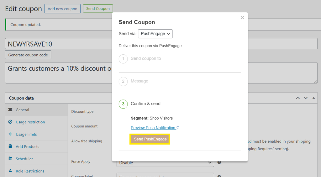  "Send Coupon" interface in Advanced Coupons, highlighting the "Send PushEngage" button 