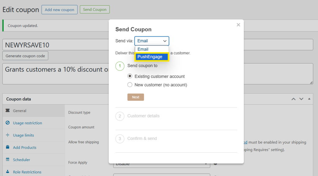 The "Send Via" dropdown menu showing the PushEngage option.