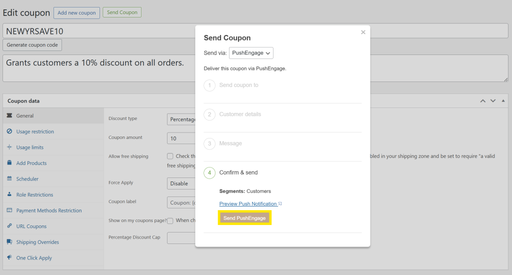 WooCommerce Send Coupon screen showing final step to send a coupon push notification to a segment via PushEngage