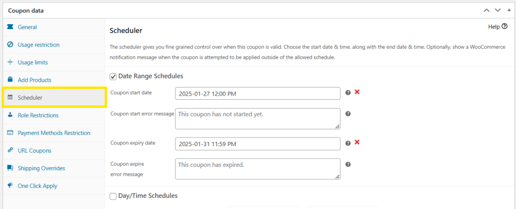 Scheduler settings in the Advanced Coupons interface for setting coupon expiration dates.