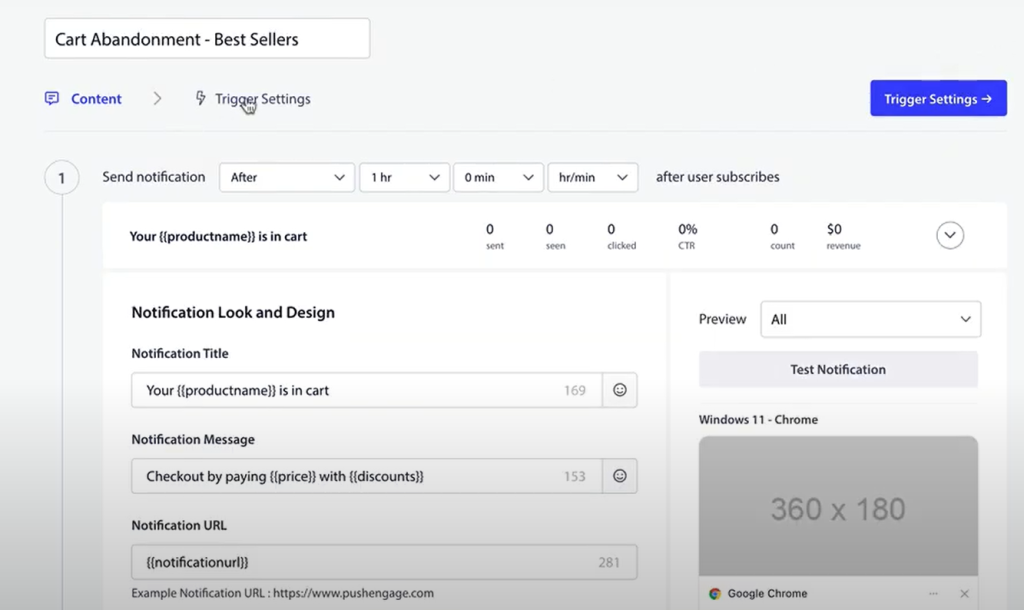 PushEngage’s trigger settings interface for automating WooCommerce push notifications 