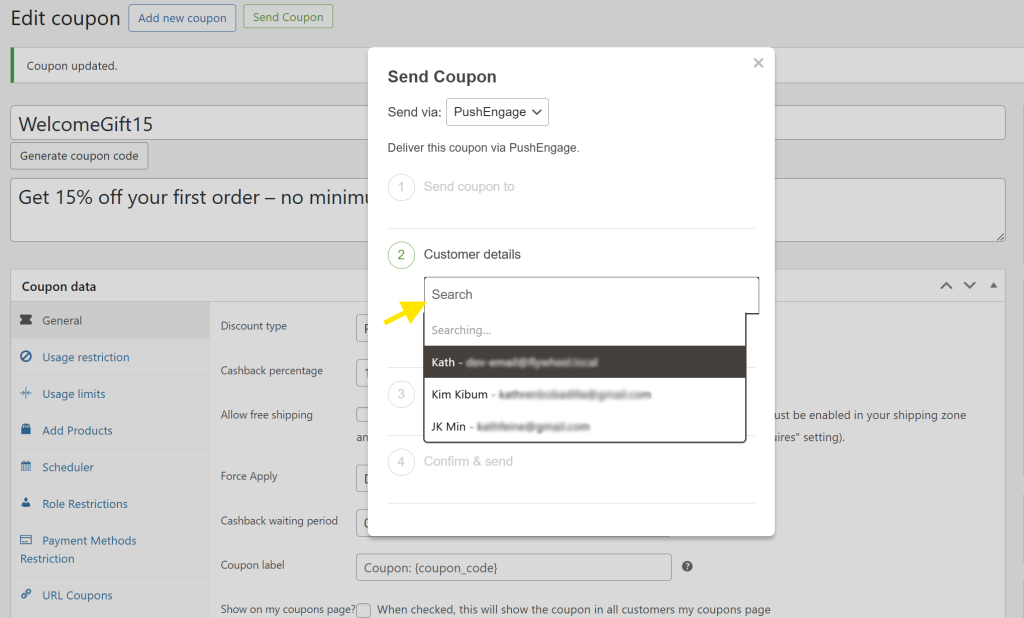 subscribers - Advanced Coupons Subscriber search field in PushEngage integration with a list of available subscribers