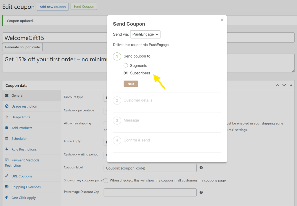 Send Coupon interface in WooCommerce showing the option to target PushEngage subscribers