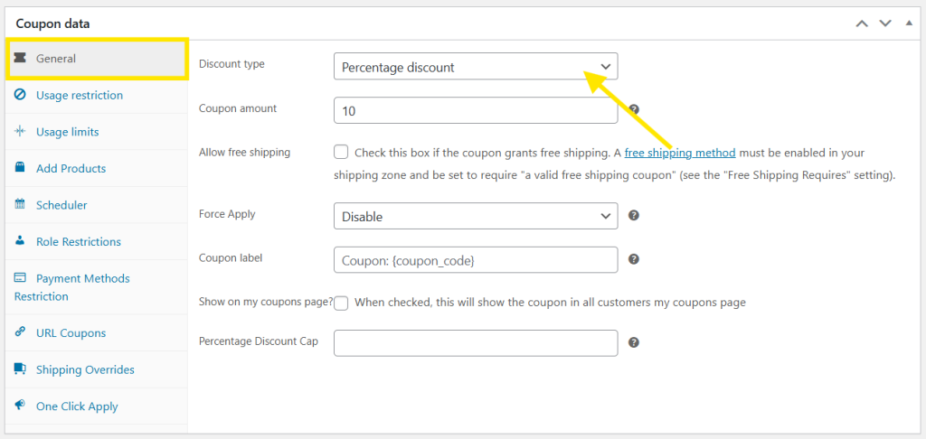 General tab in the Advanced Coupons interface showing discount type and amount options.