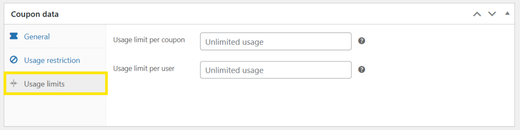 WooCommerce’s default usage limits, showing fields for usage limit per coupon and per user.