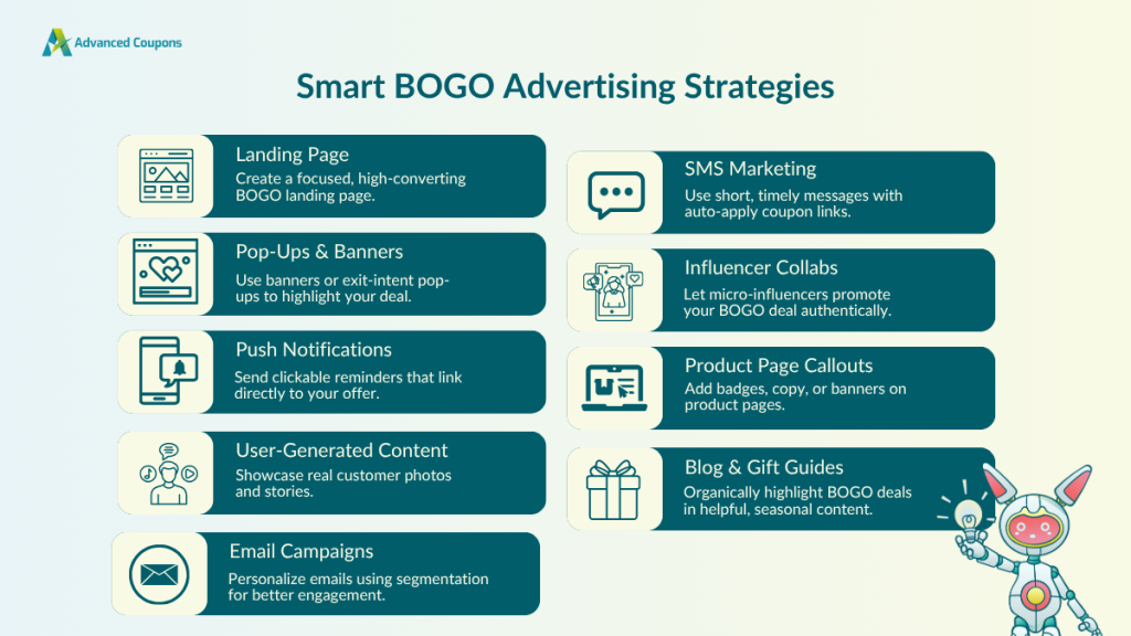 Smart BOGO advertising strategies including landing pages, pop-ups, push notifications, influencer marketing, and more