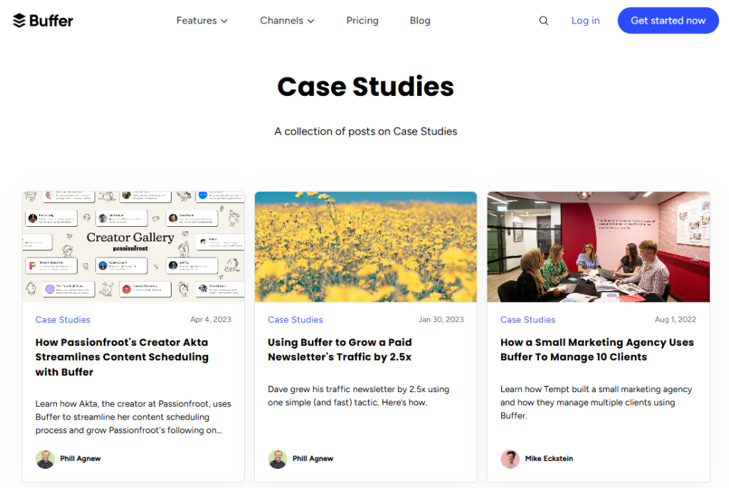 Webpage from Buffer showcasing case studies of real-life customers