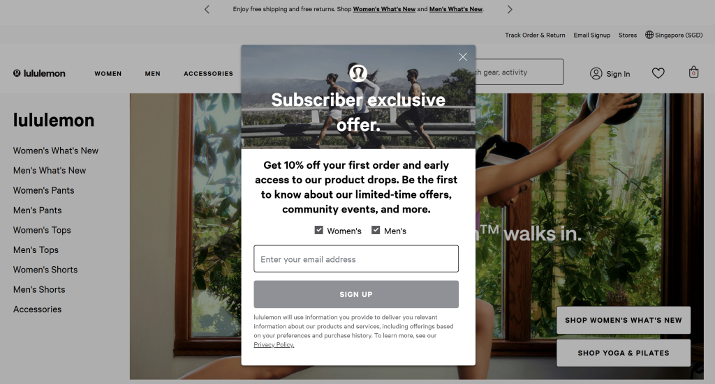 lululemon-example - Advanced Coupons Lululemon website showing a 10% welcome discount popup for new email subscribers