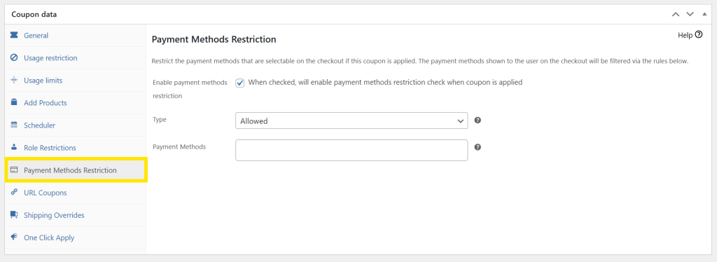 WooCommerce payment method restriction settings in Advanced Coupons, showing how to limit coupon use to specific gateways