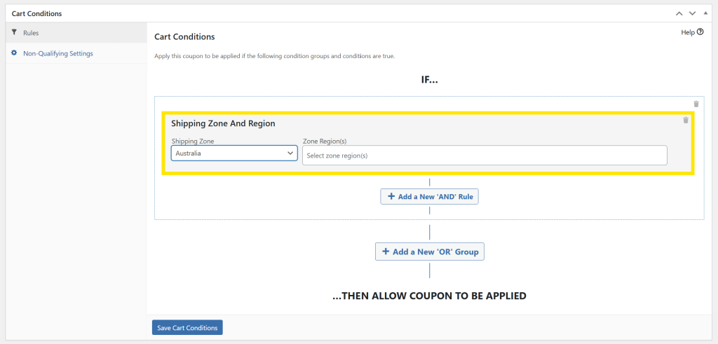 Cart conditions interface in Advanced Coupons displaying a shipping zone restriction for Australia
