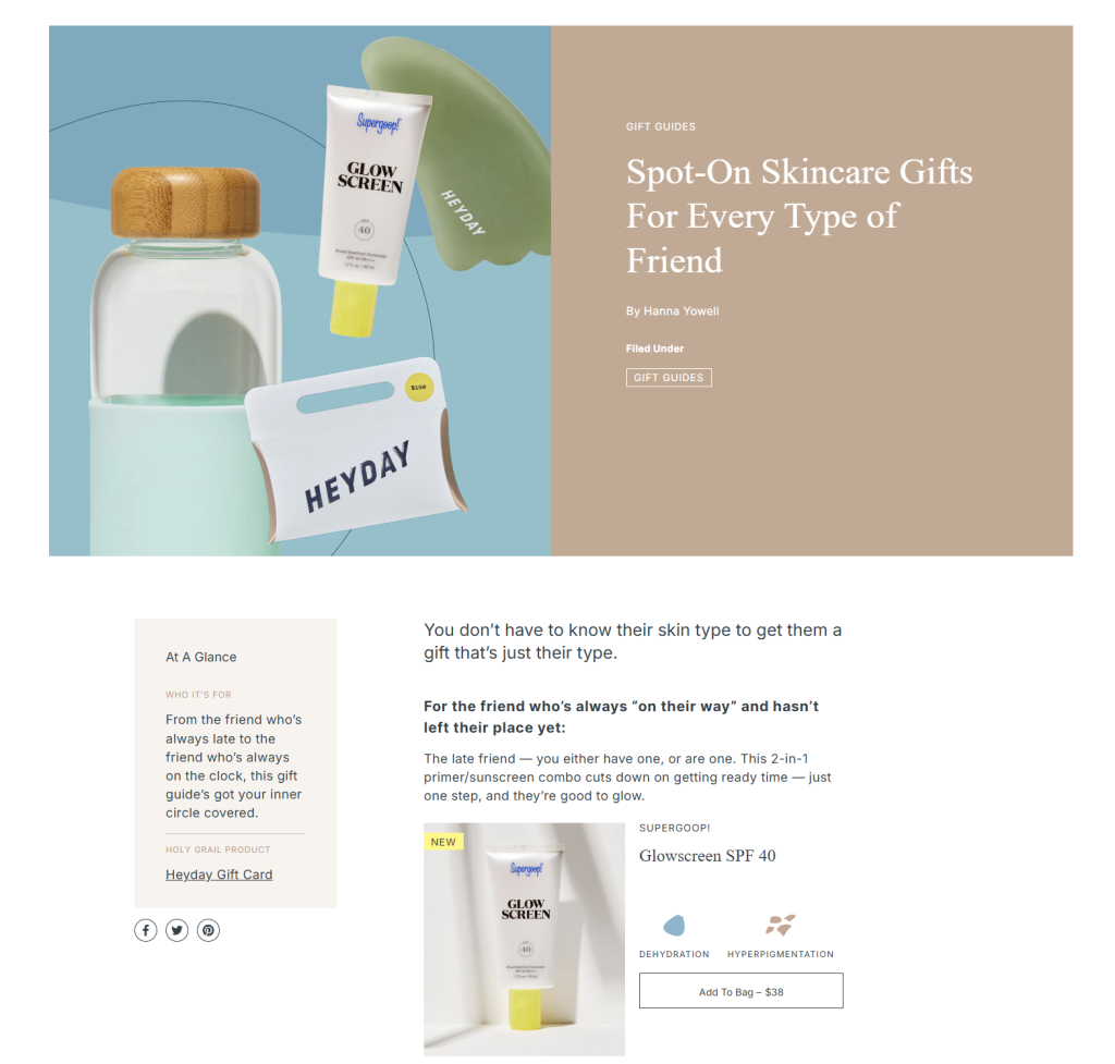 Skincare gift guide from Heyday highlighting curated product suggestions with descriptions and images