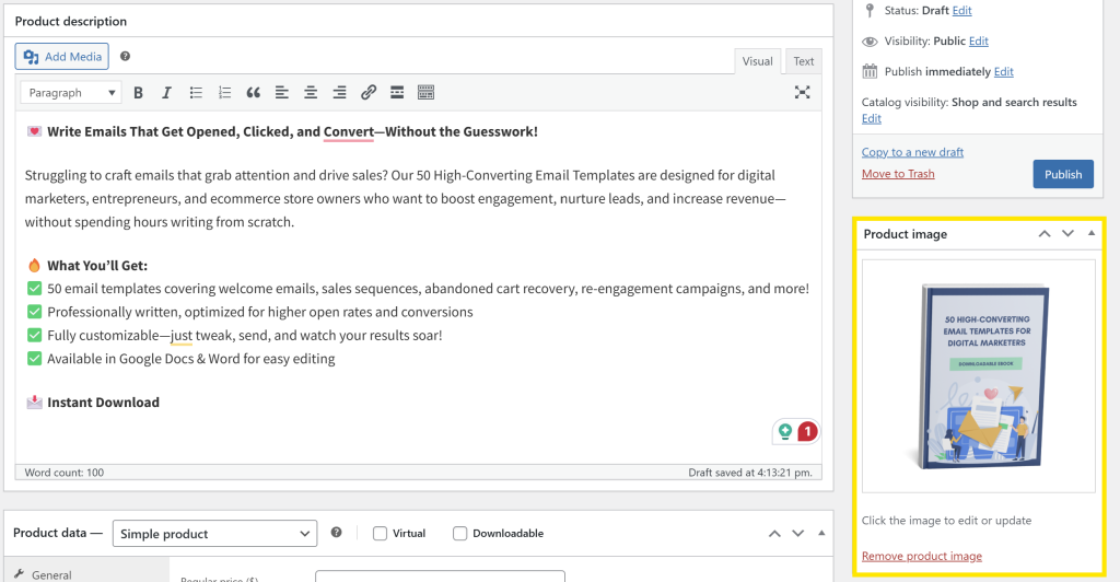WooCommerce product settings showing how to add a featured product image for a digital product