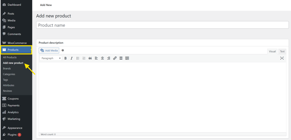 WooCommerce product editor screen, highlighting the 'Add New Product' section 