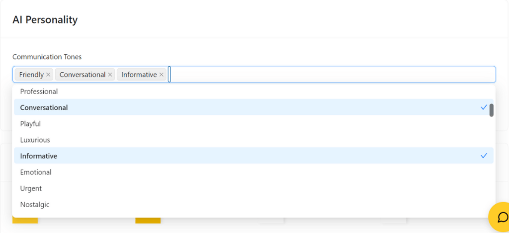 StoreAgent Chat personality settings screen showing multiple tone options including Friendly, Conversational, Informative, Playful, and more.