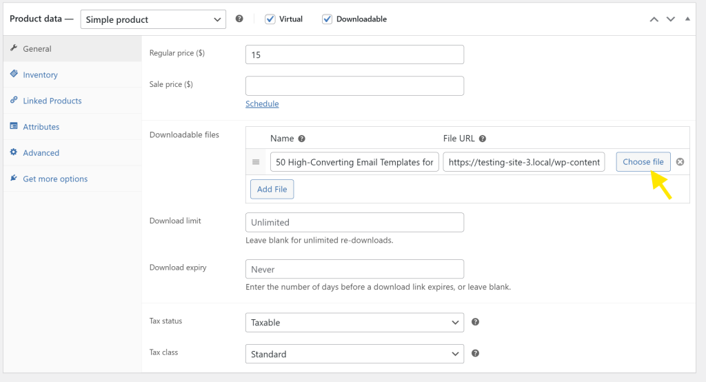 WooCommerce product data settings showing how to upload a file for a downloadable product 
