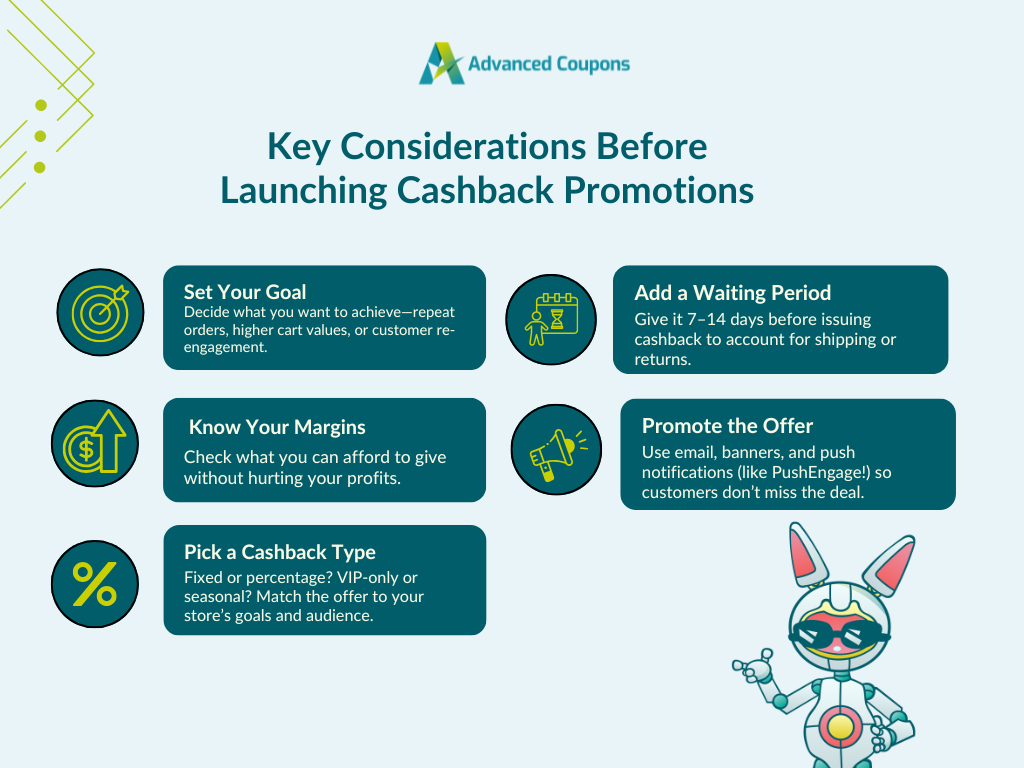 Key considerations before launching a cashback promotion: set your goal, know your margins, pick a cashback type, add a waiting period, and promote the offer.