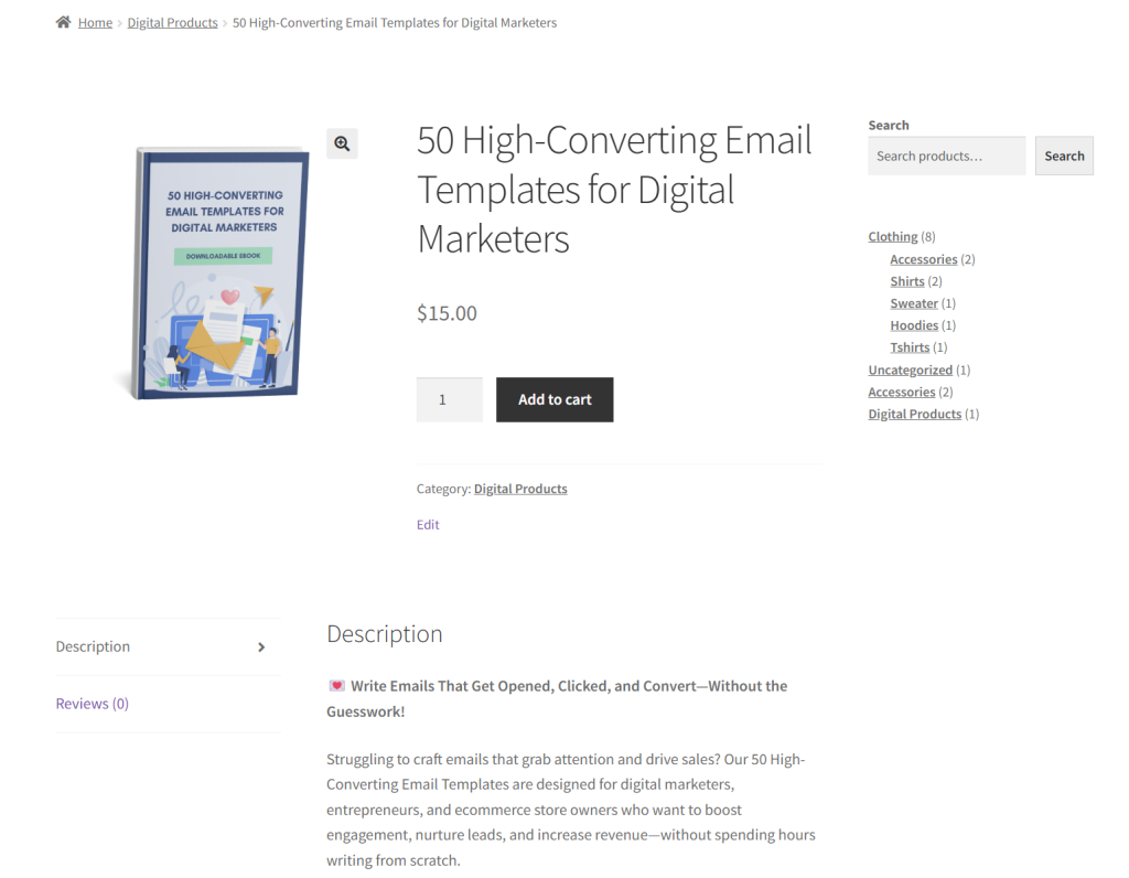 Sample woocommerce digital product titled "50 High-Converting Email Templates for Digital Marketers" 