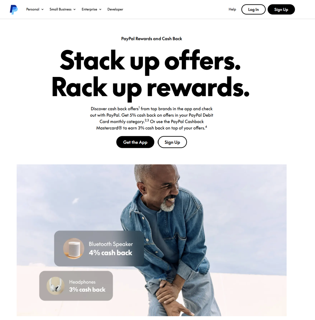 PayPal’s website promoting cashback offers, showing 5% cashback on select purchases and 3% cashback with the PayPal Cashback Mastercard