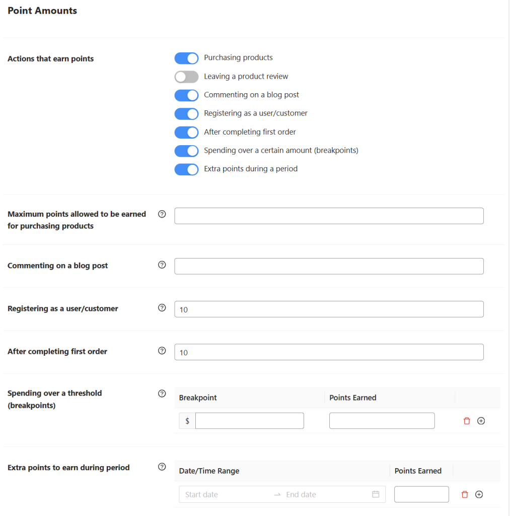 WooCommerce Loyalty Program settings displaying options for configuring point-based rewards, including purchasing products 