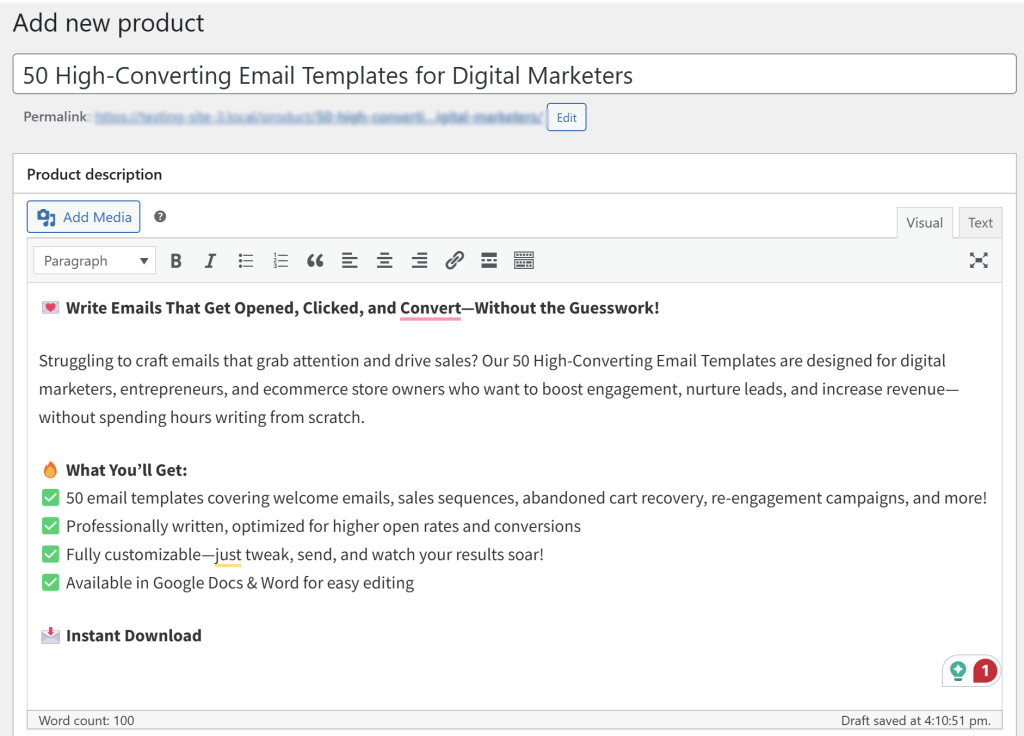 WooCommerce product settings page displaying '50 High-Converting Email Templates for Digital Marketers' with product description 