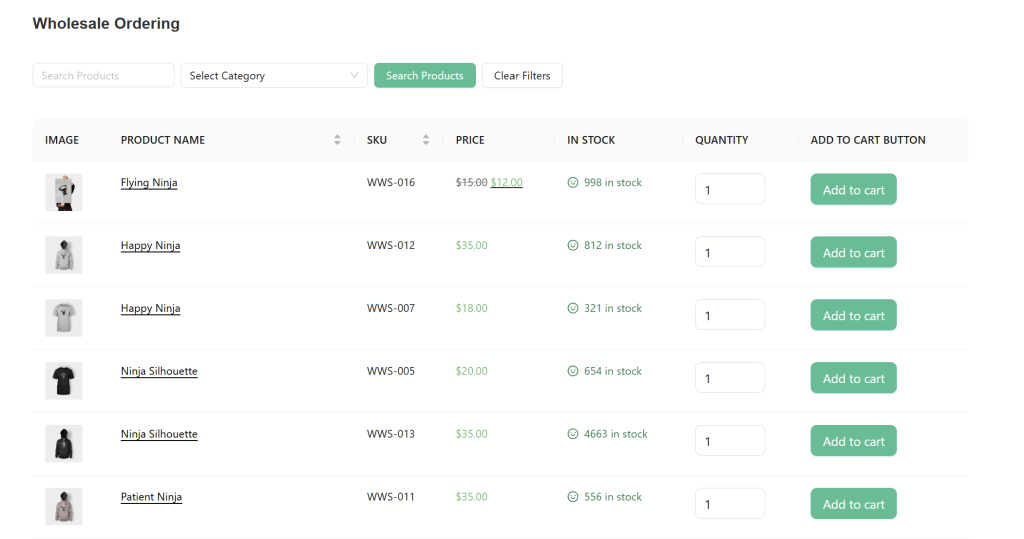 WooCommerce Wholesale Order Form showing product listings, stock availability, pricing, and an "Add to Cart" button for bulk purchases 