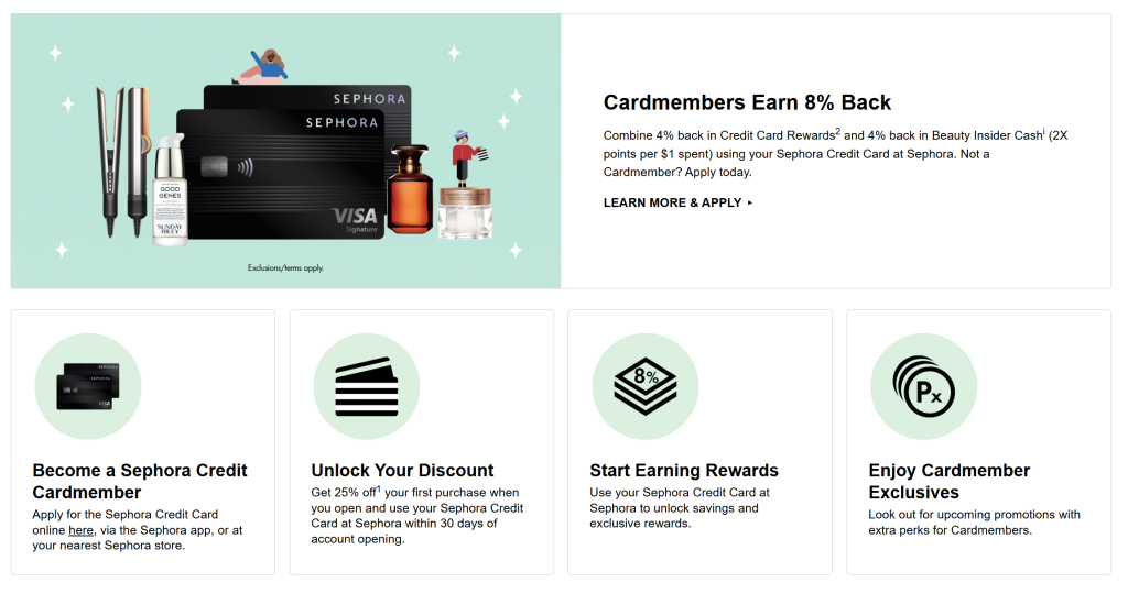 Sephora’s website showing its credit card program offering 8% cashback through combined card rewards and Beauty Insider points.
