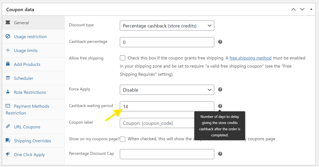 WooCommerce coupon settings in Advanced Coupons showing the cashback waiting period field set to 14 days 