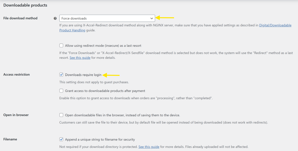 WooCommerce settings for downloadable products, showing file download method, access restrictions, and security options