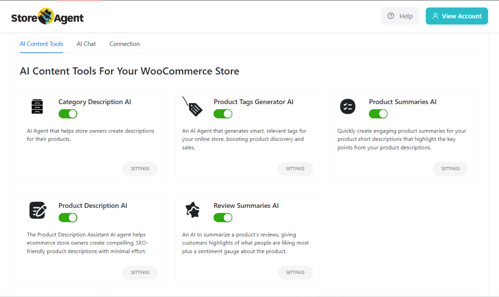 storeagent content - Advanced Coupons toreAgent Content dashboard showing five AI tools: Category Description AI, Product Tags Generator AI, Product Summaries AI, Product Description AI, and Review Summaries AI.
